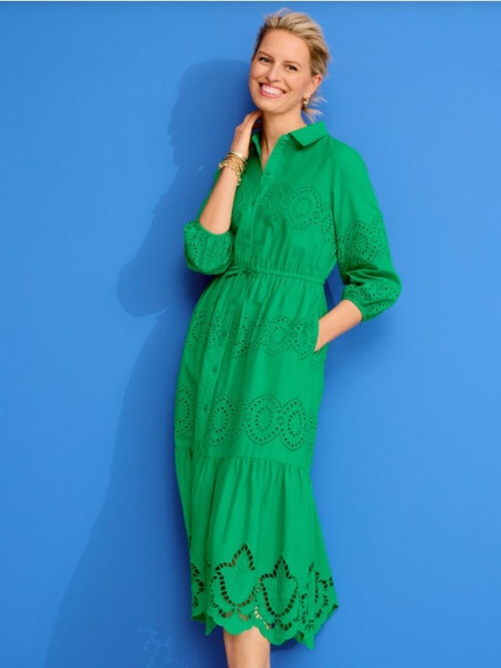 Talbots Emerald Eyelet Shirt Midi Dress with Tie Waist